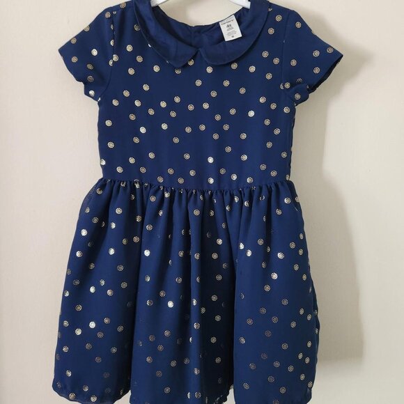 Carter's Baby Girls Crepe Navy Blue Formal Dress w/ Gold Glitter Polka Dots. 4T. - Picture 1 of 5